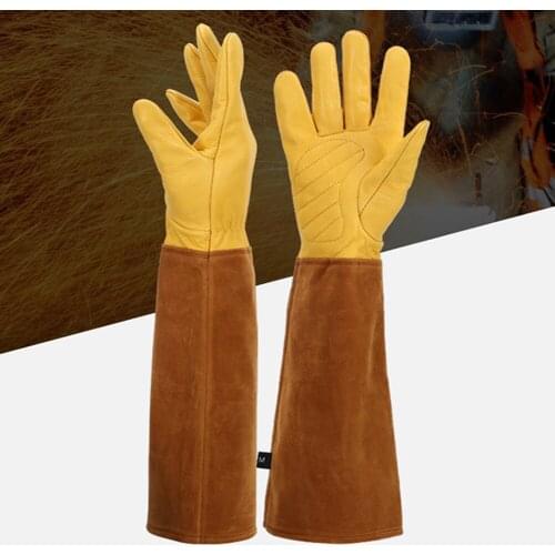 Gardening Gloves Pruning Gloves for Thorn Proof Rose Pruning Cowhide Leather Gloves with Extra Long Forearm Protection Gauntlet