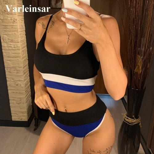 Female Swimsuit High Waist Bikini 2020 Women Swimwear Two-pieces Bikini set Ribbed Splicing Bather Bathing Suit Swim Lady V2238O