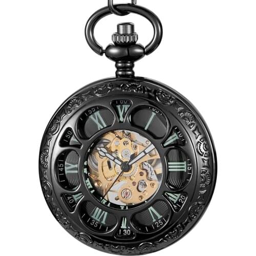 Luminous Mechanical Pocket Watch Hollow Black Dial Hand-Winding Men Pendant Collection Fob Chain Watch Skeleton Steampunk Clock