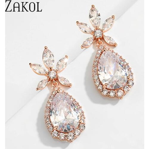 ZAKOL Zircons Elegent Party Wedding Jewelry Luxury Long CZ Crystal Big Water Drop Dangle Earrings For Brides FSEP2467