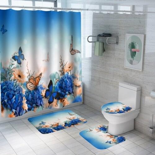 Butterfly Spring Floral Shower Curtains White Purple Flowers Butterfly Pattern Modern Rural Scenery Bathroom Curtain Decor 002