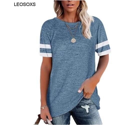 2021 Womens Round Neck Color Matching Short Sleeve T-shirt Multi Color Cotton Raglan Sleeve Loose Top Casual Clothing