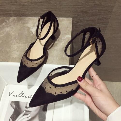 Womens Shoes High-heeled Shoes 2019 New Spring Spike Fine-heeled Lace with Mesh Hollow Sandals