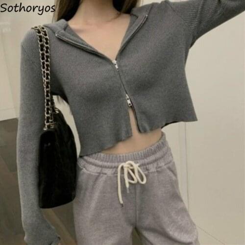 Women Cardigan Fashion Sexy Long Sleeve Hooded Open Front Zip-up Ribbed Knitted Short Sweater Slim Crop Top High Elasticity Chic