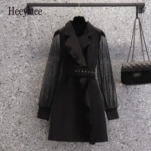 Plus size Women Dreeses Autumn Mesh Long Sleeve Patchwork Notched High Waist A-line Vestidos Female Office Ladies Elegant Dress