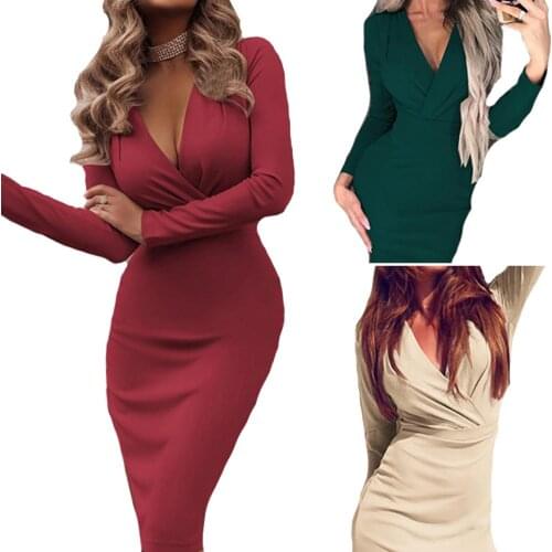 Womens Sexy Solid Color Plicated Deep-V pleated Long Sleeve Pack Hip Tight Bodycon Midi Dress Spring And Autumn Bottoming Dress