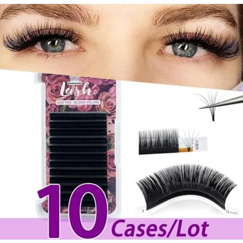 10case/lot Rapid volume quick easy fan lashes eyelash extensions silk individual easy fanning lashes with eyelash packaging box