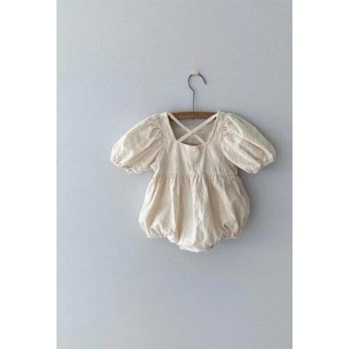 2021 Summer Japanese And Korean Girls Geometric Cotton Linen Short Sleeve Skin-friendly Cotton Linen Back Cross One-piece Romper