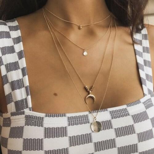 4 Pcs/Set Women Fashion Moon Beads Round Pendant Multilayer Necklace Personality Gold Party Long Necklace Set Charm Gift