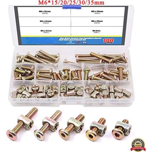 100Pcs Zinc Plated M6 Hex Socket Head Cap Screws Bolts and Barrel Nuts Assortment Kit for Furniture Beds Crib Chairs