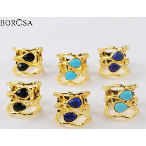 BOROSA 5Pcs Drop Shape Natural Turquoises Ring Black Agates Lapis Lazuli Rings in Gild Double Natural Stone Rings Jewelry ZG0434