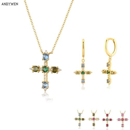 ANDYWEN 925 Sterling Silver Gold Rainbow Zircon CZ Cross Pendiente Drop Earring Long Chain Necklace Jewelry Set Luxury Gift For