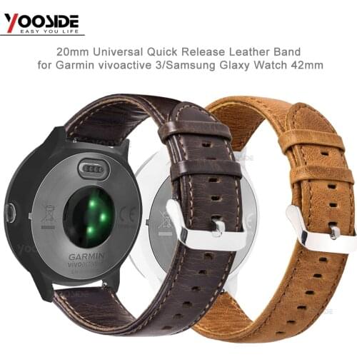 For Samsung Galaxy 42mm Quick Release 20mm Genuine Leather Watch Band Strap for Garmin Forerunner 645/Vivoactive 3 Smart Watch