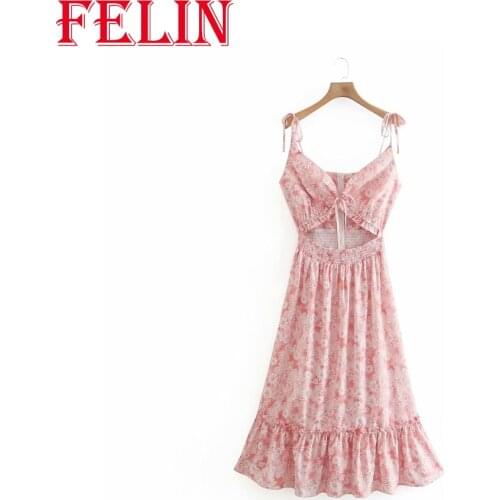 FELIN Women Pink Sleeveless Dress Za Fashion 2021 Summer Vintage Floral Print Strapless Party Dresses Female Sexy Chic Vestidos
