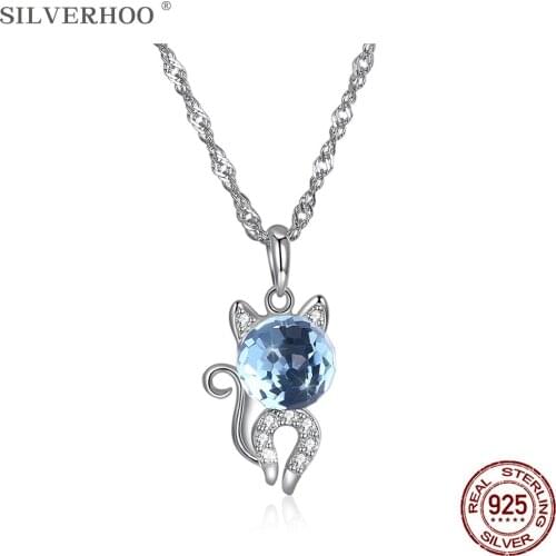 SILVERHOO 925 Sterling Silver Cute kitten Pendant Necklaces For Women blue ball Austria Crystal party personality Necklace 2020
