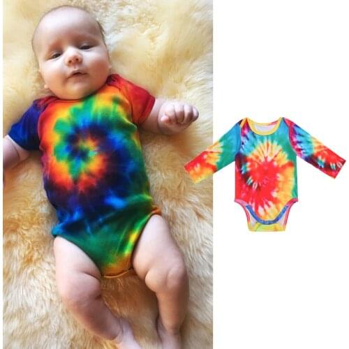 Newborn Baby rainbow Romper Tie-Dye Print Round Neck Long Sleeve Hooded Jumpsuit Bodysuit for Girls Boys