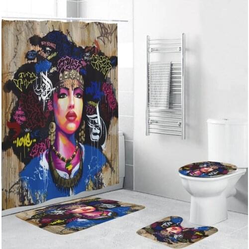 3D printing African Woman Shower Curtain Set Afro Lady Bathroom Decor with Non-slip Rug Toilet Lid Cover Bath Mat