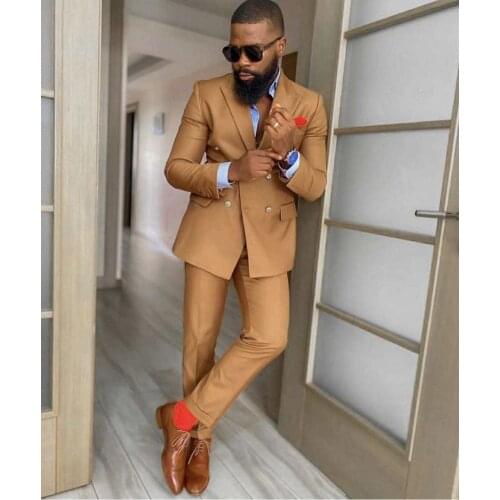 2 Pieces Mens Suits Slim Fit Khaki Double Breasted Costumes Tuxedos For Business Formal Office Wedding Bridegroom Men clothes