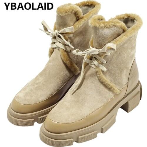 Round Toe Leather Thick Bottom and Velvet Warm Snow Boots Winter New Waterproof Platform Lace-up Cotton Shoes Ankle Boots