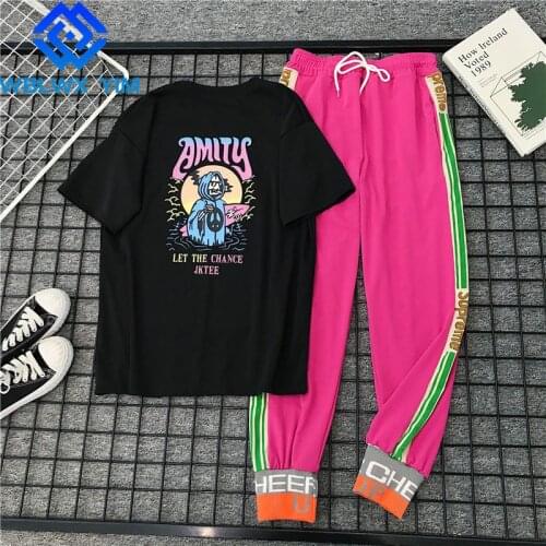 Summer Women Plus Size Two piece set Fashion Print O-Neck Short Sleeve T-shirt And Elastic waist Sweatpants 2 piece set Womens