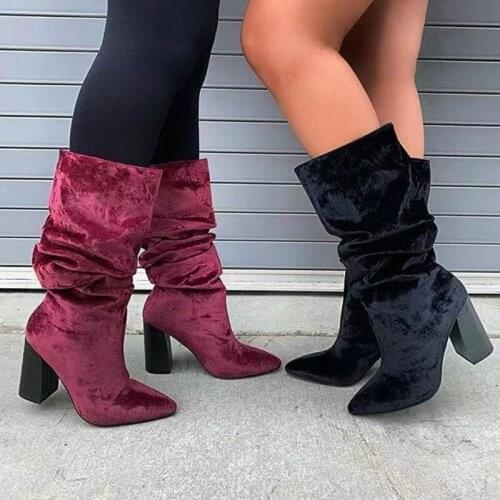 New Style Suede high-barrel fashion womens high-heeled large shoes wholesale solid-color pointed thick-heeled fashion boots s