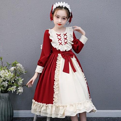 4-14year Teens Party Dress For Girls Kids Bows Long Sleeve red Girls Christmas Dress Lace Dresses Lolita Spain Kids Clothes