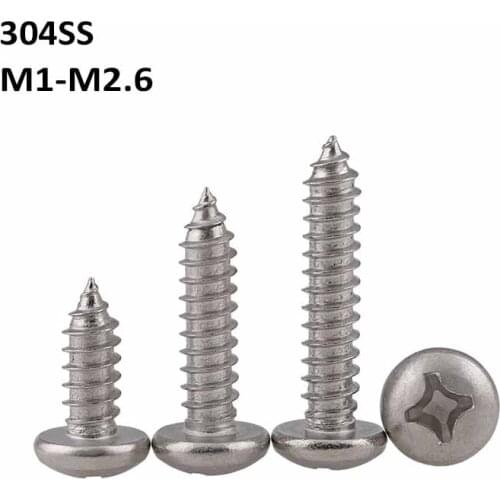 304 Stainless Steel Phillips Pan Head Tapping Screws A2 Rounded Head Self-Tapping Screw M1 M1.2 M1.4 M1.7 M2 M2.2 M2.6