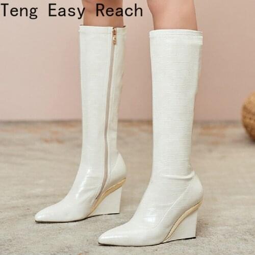 Fashion Wedge Heels Boots Women Genuine Leather Black White Knee High Boots for Women 2021 Autumn Winter Long Shoes Female