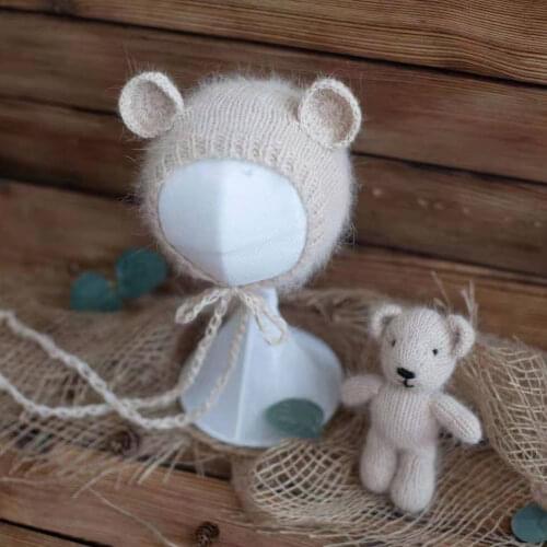 Newborn Animal Hat Teddy Bear Bonnet Toy Set Newborn Photography Props Baby Boy Cow Hat Toy Set Knitted Infant Toddler Cap