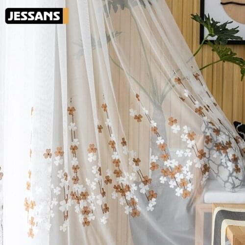 Embroidered White Tulle Curtains Sheer for Living Room Bedroom Window Drapes Home Decor Brown Floral Curtain