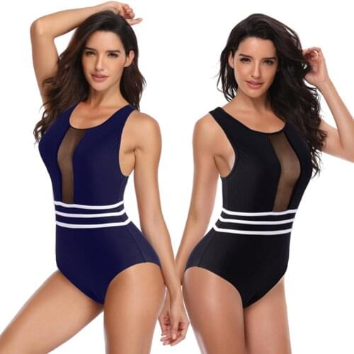 One-piece swimsuit solid color net gauze hot spring racing hot sale sexy swimwear high elasticity black/blue womens beach cloth