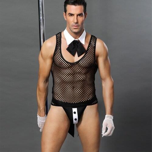 Men Butler Waiter Lingerie Suit Open Hips Swallow Tail G-string Thong Underwear with Bow Tie Collar and Lace Top Sexy Costumes