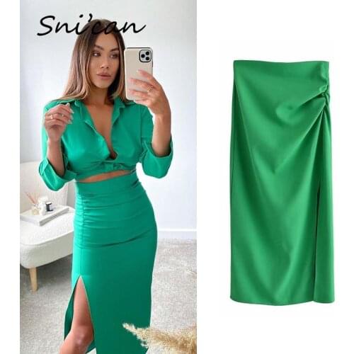 Green Ruched High Waist Skirt Sexy Split Solid Midi Skirts Za 2021 Women Fashion Summer Jupe Longue Vintage Faldas Femme Bottom