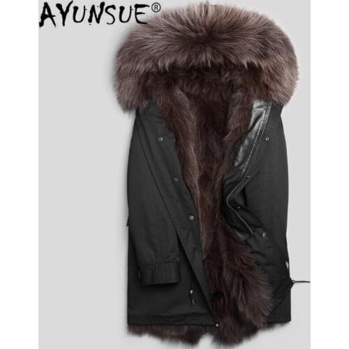 AYUNSUE Real Fur Coat Men Parka Natural Fox Fur Liner Long Winter Jacket Warm Mens Fur Coats and Jackets Plus Size P1888240