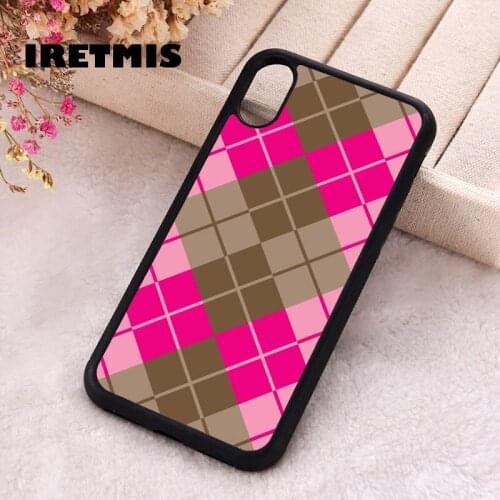 Iretmis 5 5S SE Phone Cover Case for iPhone 6 6S 7 8 Plus X Xs XR 11 12 Mini Pro Max Rubber Silicone Argyle In Pink And Brown