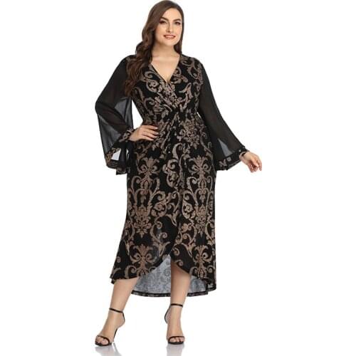 DOIB Women Black Gild Dress Large Size Gold Floral Split Loose Casual Plus Size Dress 2021 Fashion Female Oversize Dress