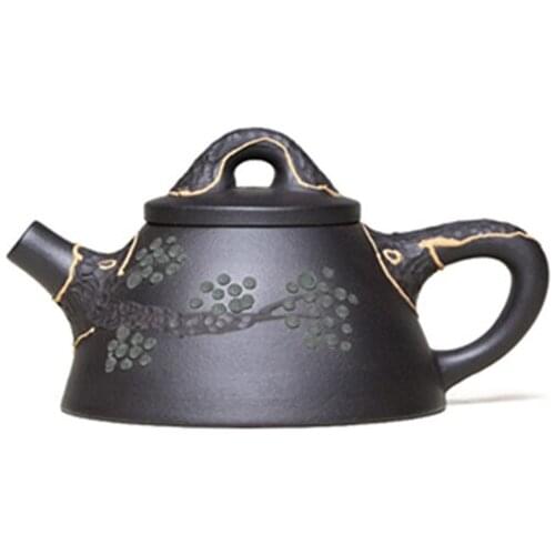 Yixing Purple Clay Teapot Hand-carved and Painted Raw Ore Black Mud King Stone Scoop Teapot Tea Set Household Teapot