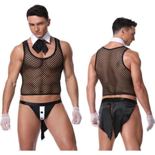 Male servant gay clothing mesh bodysuit lingerie Sexy mens vest tuxedo erotic underwear nightclub bar waiter