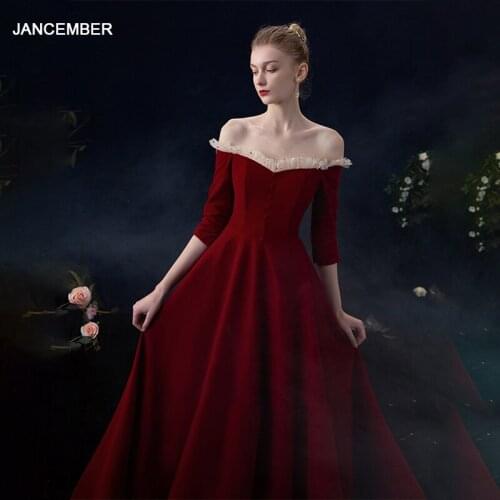 LDR70 Long Style Long Sleeve Bridal Dress 2021 Bridal Off-shoulder Suede Slimming Temperament Banquet Ball Host Formal Gown