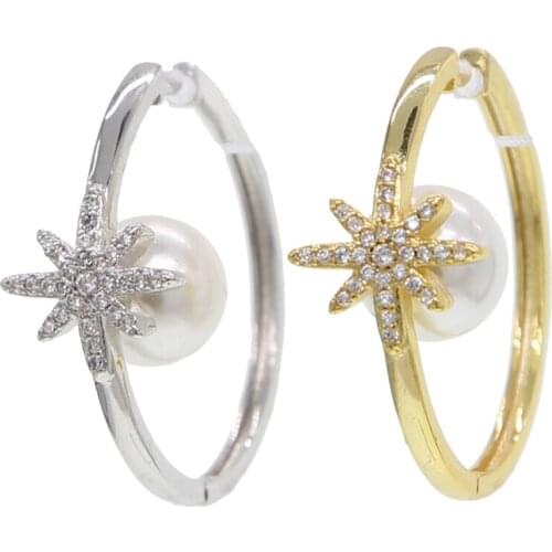 2019summer new arrive starburst micro pave cz northstar with inside Freshwater Pearls geometric round circle hoop huggie earring