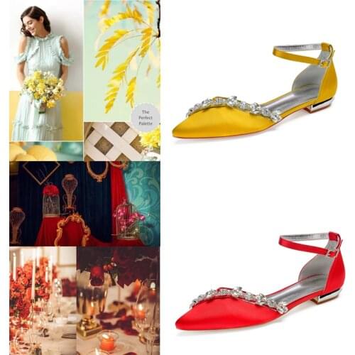 MarHermoso Womens Satin Ankle Strap Pointed Toe Rhinestones Evening Dressing Shoes Mum Guest Reception Low Heel Ballets