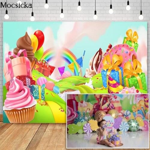 Mocsicka Sweet Candy World Girl Birthday Backdrops Donut Ice Cream Decor Rainbow Cake Smash Photocall Background Photo Studio