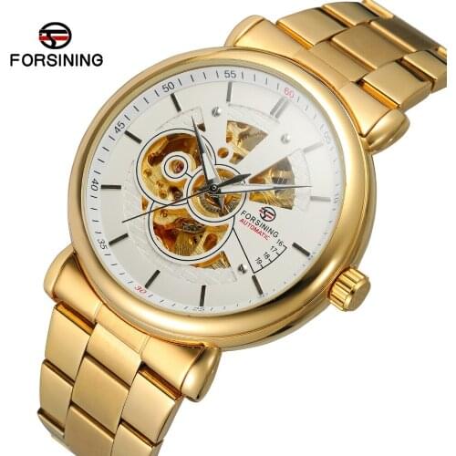 Fashion FORSINING Top Mens Automatic Movement Casual Skeleton Brand Analog Display Watch Full Gold Black Stainless Steel Sport