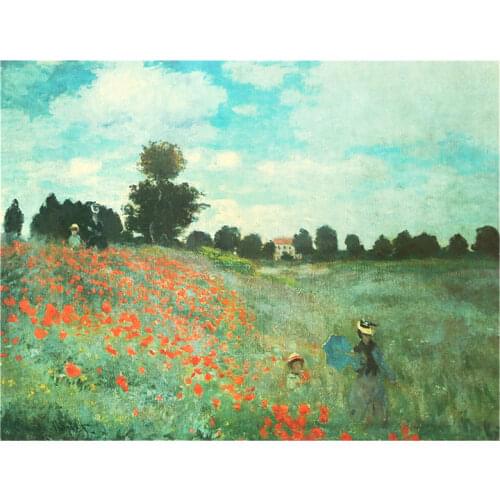 Monet Oil Painting Series Poppies Woman and Little Girl Vintage Character Kraft Paper Poster Bar Cafe Decoration Wall Stickers