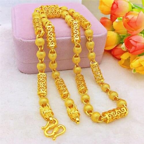 Yellow Gold Color Necklace for Men Hollow Dragon Link Chain Beaded Neckklaces Wedding Engagement Jewelry Birthday Party Gifts