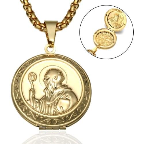 Catholic Saint Benedict Mens Necklace Open Photo Frame Pendant Stainless Steel Religious Exorcist Necklaces Male Jewelry