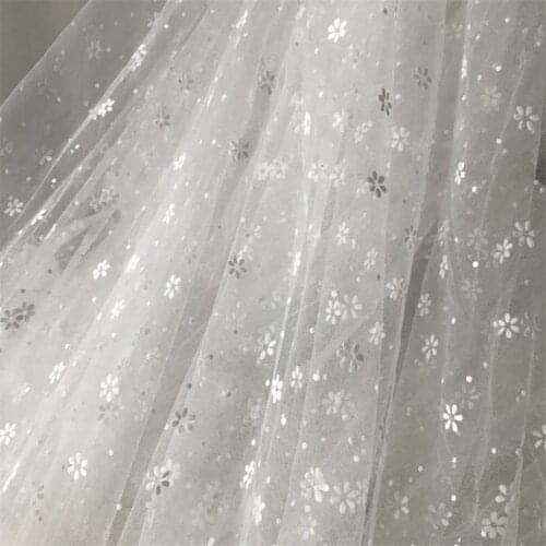 Soft Ivory White Net Fabric Floral Lace Fabric Flocked Flowers Mesh for DIY Sewing Patchwork Bridal Veil Wedding Dress 150 cm