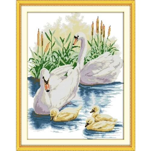 Swan family cross stitch kit 14ct 11ct pre stamped canvas cross stitching animal lover embroidery DIY handmade needlework