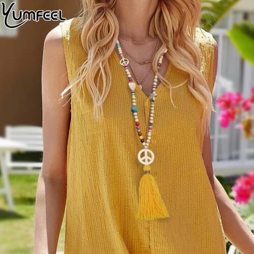 Yumfeel New Bohemian Boho Necklace Tready Tassel Beaded Peace Symbol Pendant Necklace Jewelry