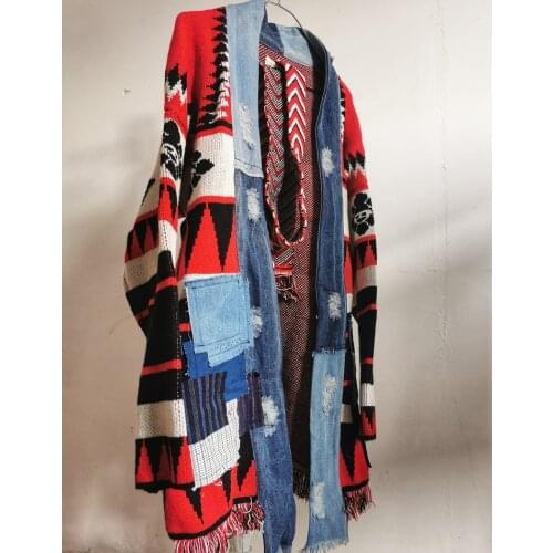 New arrival spring autumn 2021 men/womens high quality demin patchwork cashmere cardigans coat top C451